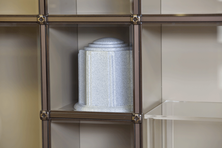 Beautifully dispalyed ForeverSafe™ Burial Urn in a niche.